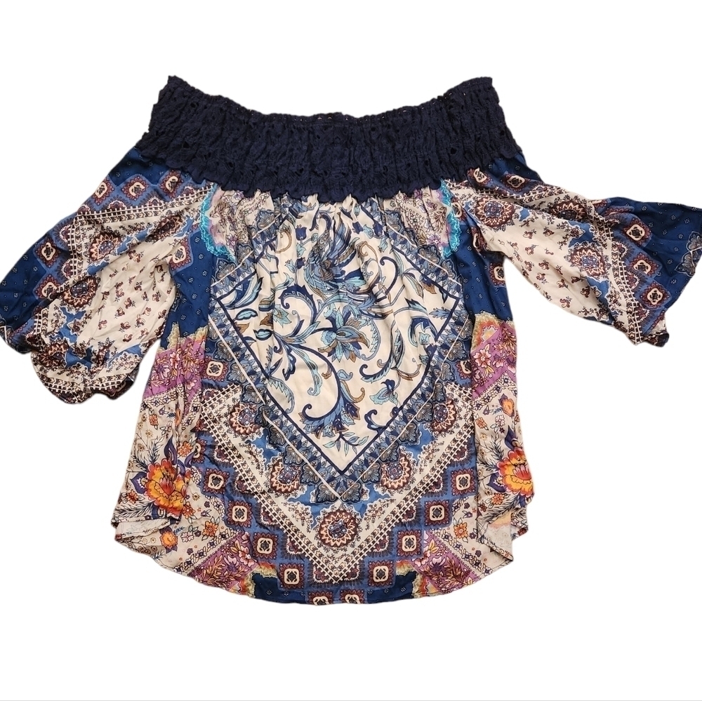 Hale Bob Boho Off Shoulder Cropped Shirt Size Small